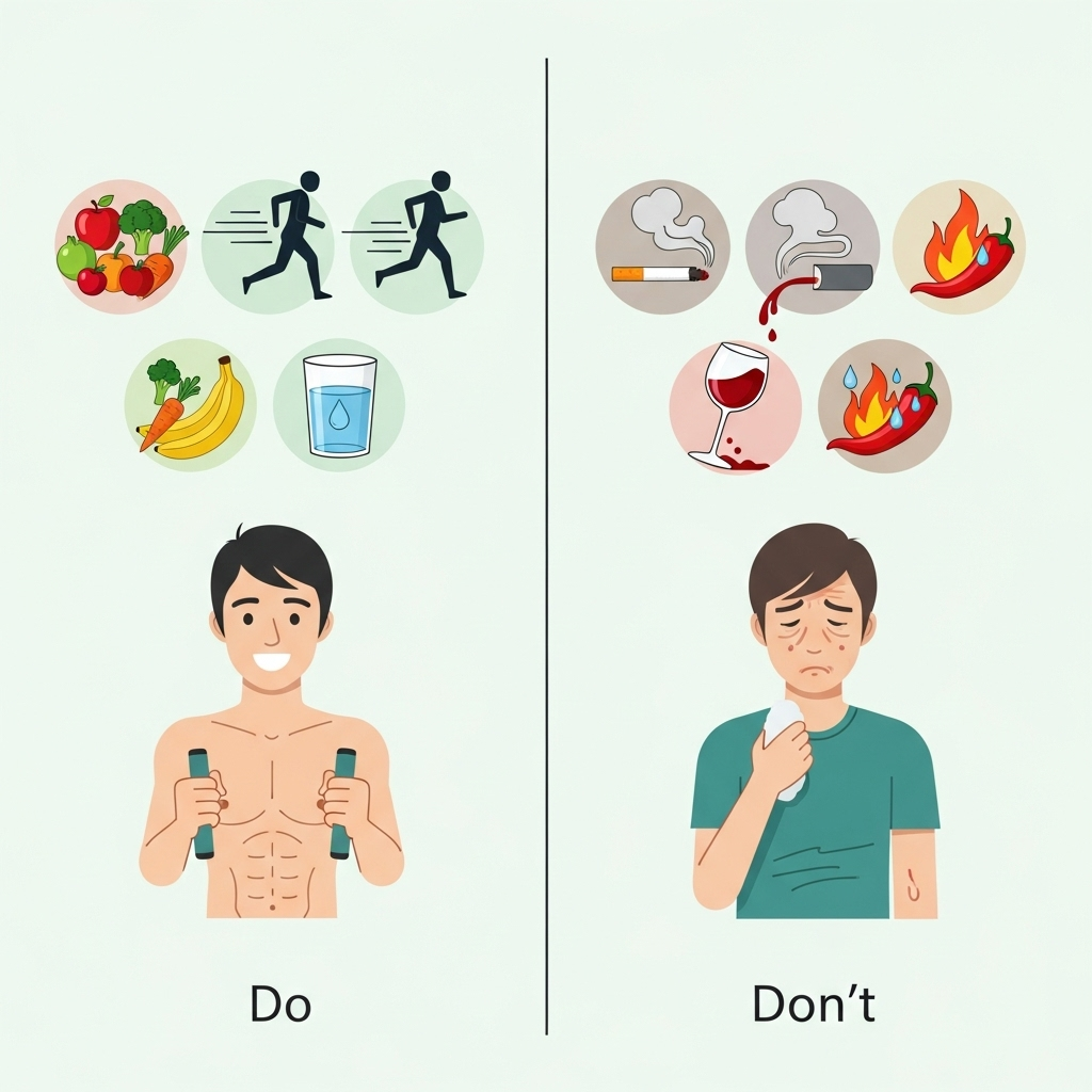 A simple infographic-style illustration showing a 'Do' and 'Don't' side. 'Do' side shows a person eating healthy food, exercising, and drinking water. 'Don't' side shows a person smoking, drinking alcohol, and eating very spicy/hot food. No text on images.