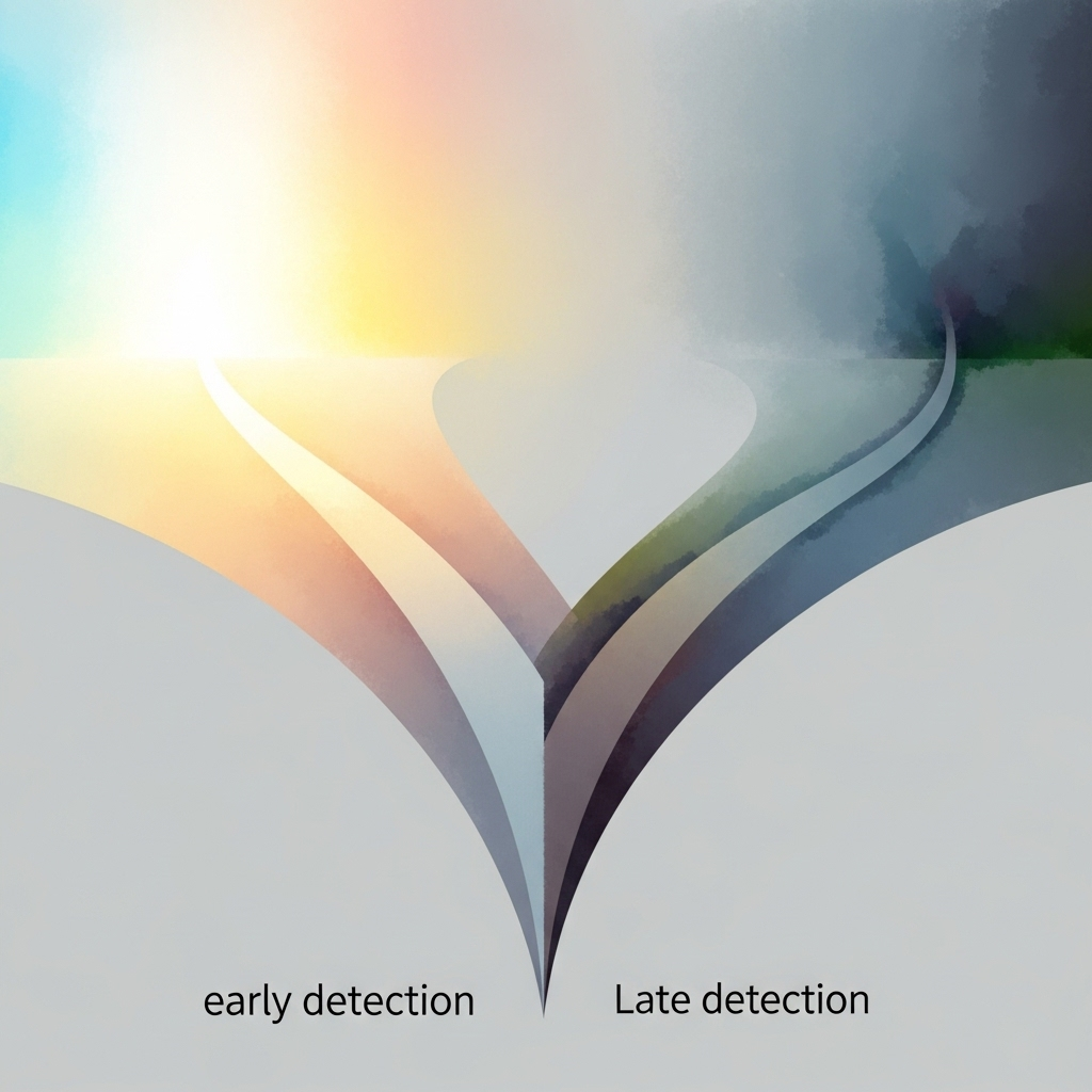 A subtle, abstract graphic showing two diverging paths, one leading to a brighter, open space (early detection) and the other to a more obscured, challenging area (late detection). Colors are calm and hopeful.