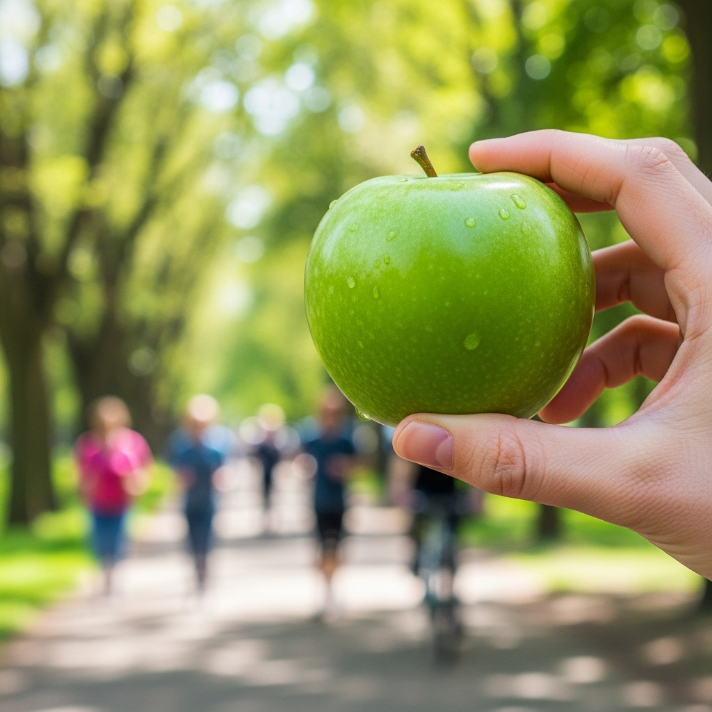 A hand holding a green apple, symbolizing healthy eating, with a blurred background of people walking in a park, representing an active lifestyle. The focus is on a healthy choice.