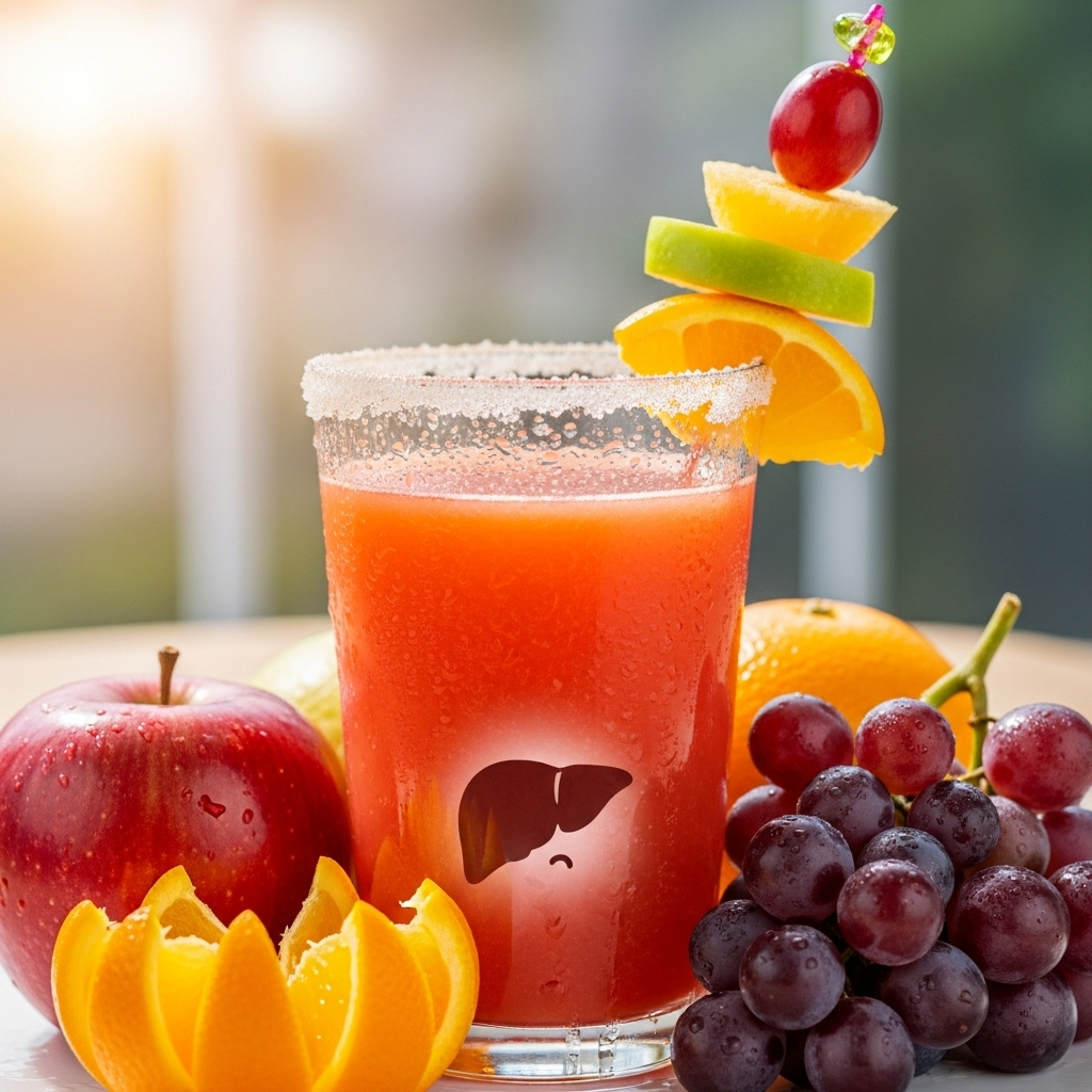 A close-up of a glass of brightly colored fruit juice with various fruits (apples, oranges, grapes) around it, but with a subtle, almost invisible shadow of a small, worried liver shape at the bottom of the glass. The scene should be bright and appealing but with a hint of underlying concern.