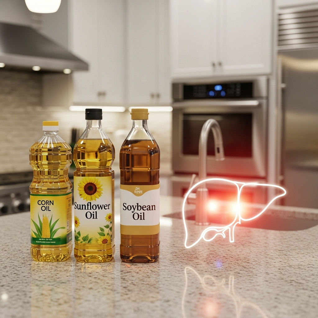 Various bottles of common cooking oils (corn oil, sunflower oil, soybean oil) arranged on a kitchen counter, with a subtle, almost imperceptible red glow around a transparent outline of a liver placed near the bottles, suggesting inflammation. The setting should be a clean, modern kitchen.