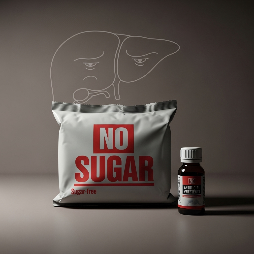 A package of "sugar-free" cookies or snacks with a prominent "No Sugar" label, next to a small, almost hidden bottle of artificial sweetener. A ghostly, transparent outline of a liver is subtly placed behind the snack package, looking slightly strained or worried. The colors are muted to emphasize the hidden aspect.