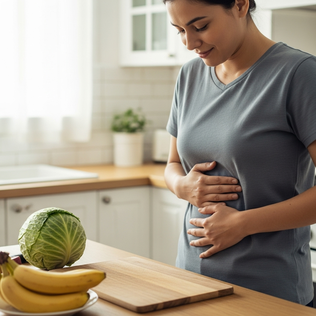 A person gently holding their stomach, looking slightly uncomfortable but hopeful. The background is a clean, bright kitchen with healthy ingredients like cabbage and bananas visible. The overall mood is calm and supportive. No text in the image.