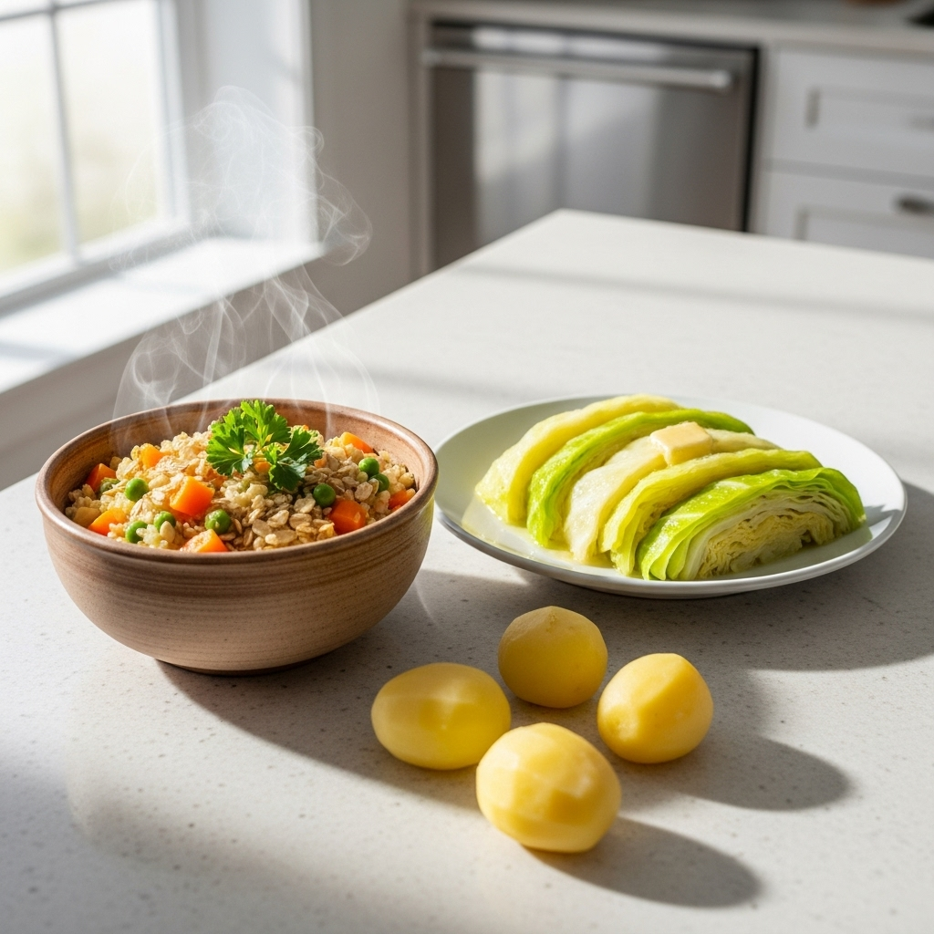 A clean, light-filled kitchen counter with a bowl of simple, warm vegetable porridge, a plate of steamed cabbage, and a few peeled, cooked potatoes. The scene is comforting and healthy. No text in the image.