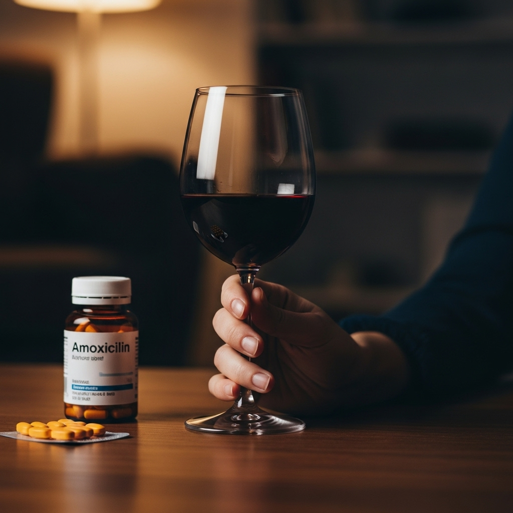 A person holding a glass of wine hesitantly, with a bottle of antibiotic pills blurred in the background, conveying a sense of doubt and concern. The setting is a home environment, not overly medical.