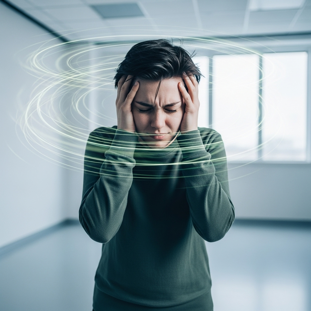 A person feeling dizzy and disoriented, holding their head, with a swirling effect around them. The setting is a bright, clean room, but the person's expression shows discomfort. No text on the image.