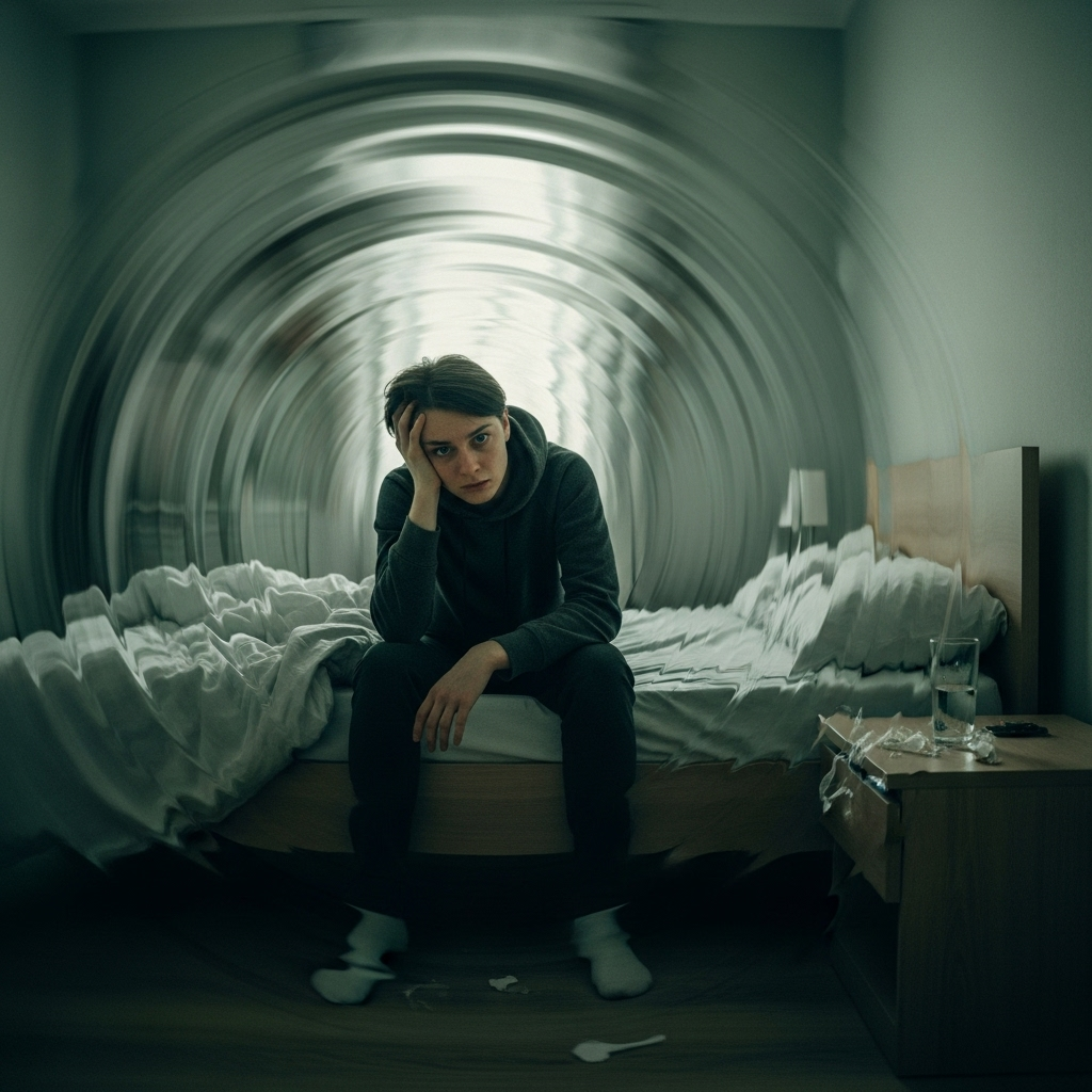 A person sitting on a bed looking disoriented, holding their head with one hand, while the room appears to be spinning in the background. The scene suggests extreme dizziness and nausea. No text on the image.
