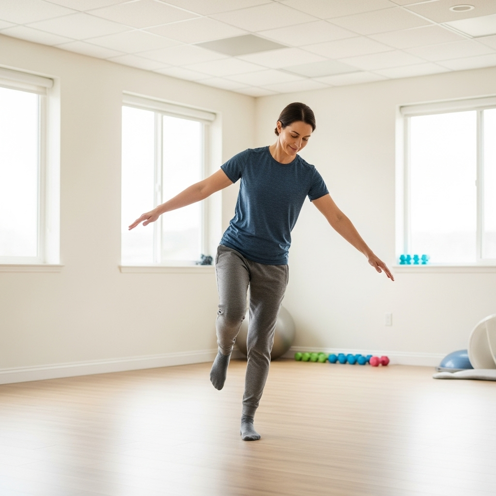 A person gently performing balance exercises, such as standing on one leg or slowly moving their head from side to side, in a bright and calm physical therapy room. The focus is on controlled, therapeutic movements. No text on the image.