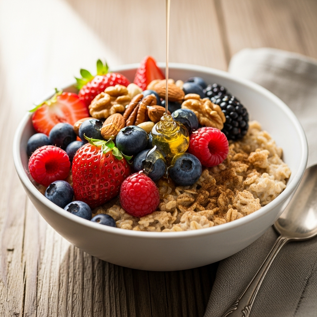 A vibrant bowl of cooked oatmeal with fresh berries, nuts, and a drizzle of honey, set on a rustic wooden table with soft, natural lighting. The focus is on the delicious and healthy appearance of the breakfast.