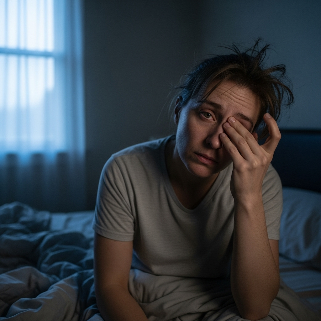 A person looking tired and exhausted, rubbing their eyes in a dimly lit bedroom, with a faint glow from a window. The overall mood is one of fatigue and low energy. No text.