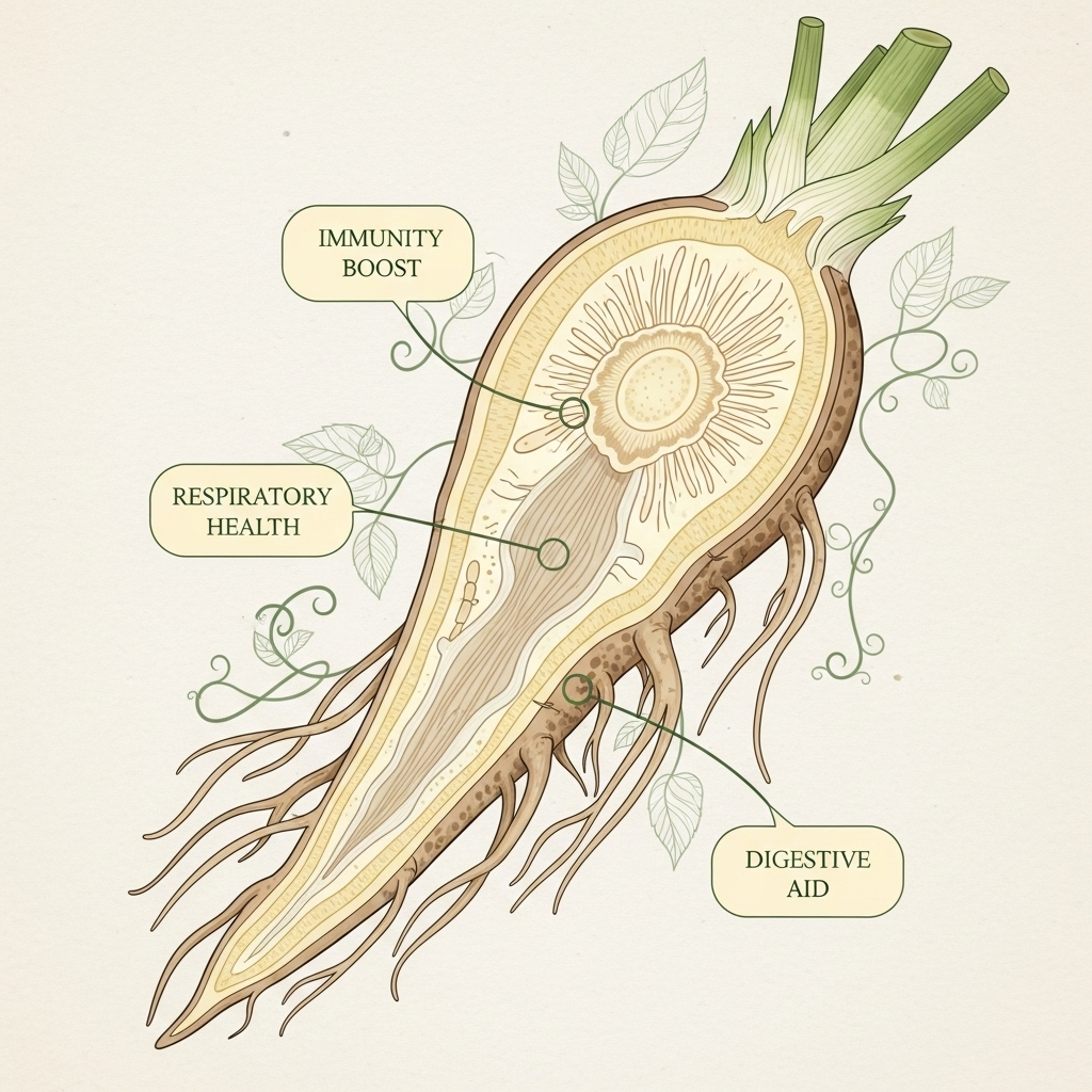 A beautifully designed infographic showing a cross-section of a bellflower root (doraji) with small text bubbles pointing to its various benefits like 'Immunity Boost', 'Respiratory Health', 'Digestive Aid'. The overall aesthetic is natural and slightly botanical, with soft colors. No Korean text on the image.