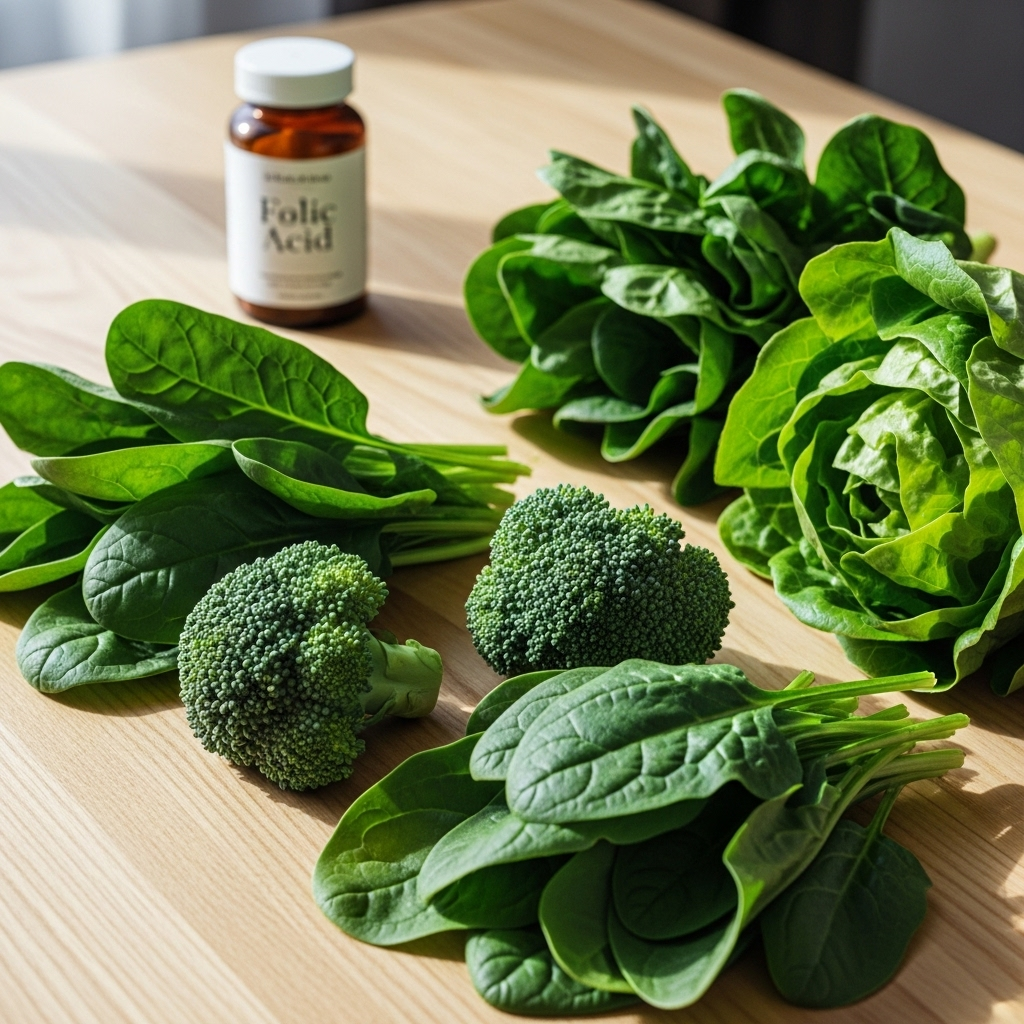 A vibrant, clear image of various green leafy vegetables (spinach, broccoli, lettuce) neatly arranged on a light wooden table, with a small, stylized pill bottle labeled "Folic Acid" gently placed nearby. The overall feel is fresh, natural, and healthy, with soft lighting. No text in the image.