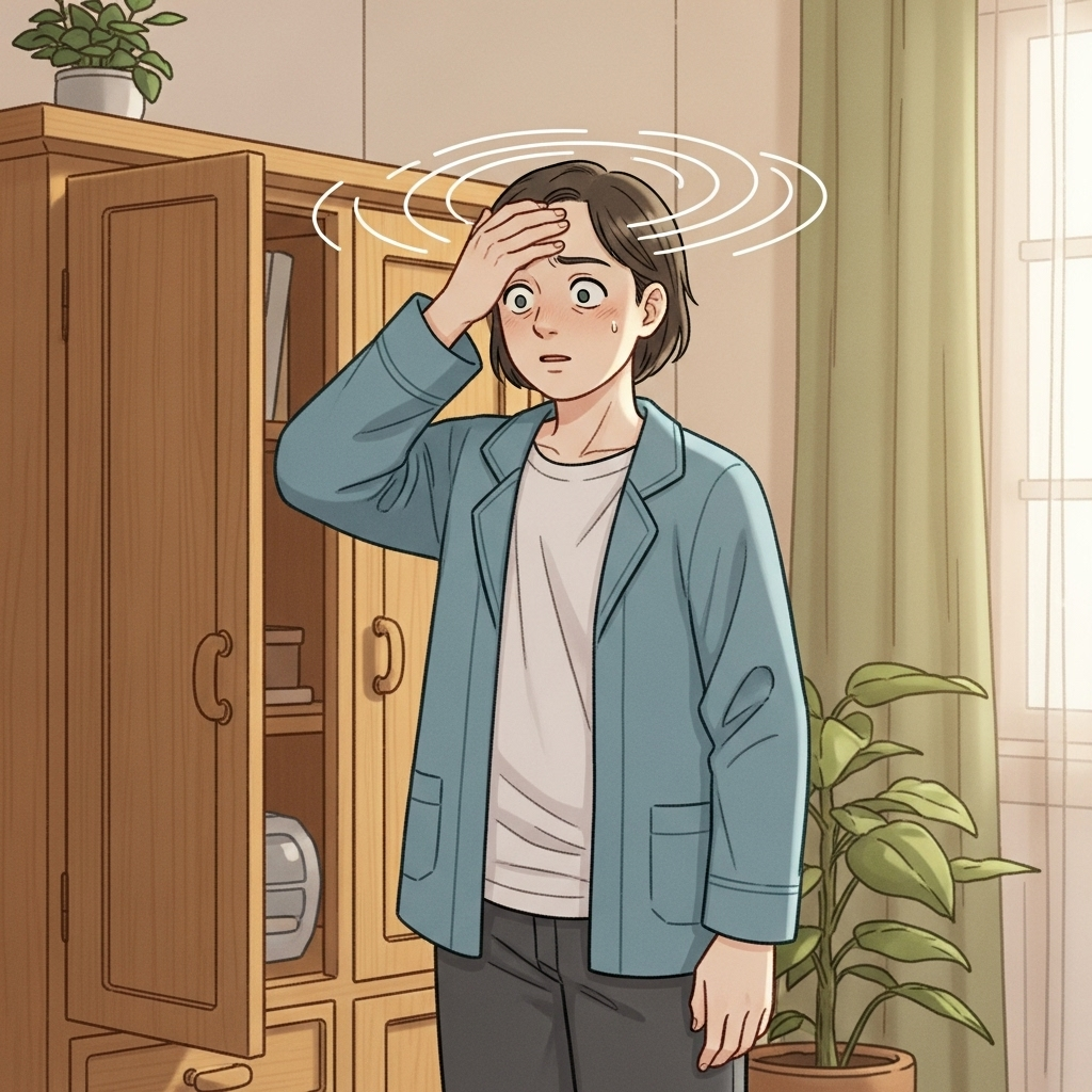 A person looking slightly disoriented after gently bumping their head, with subtle ripples of energy around their head indicating a mild impact. The setting is a home environment, maybe near a cabinet or a door frame. The colors are soft and comforting. No text in the image.