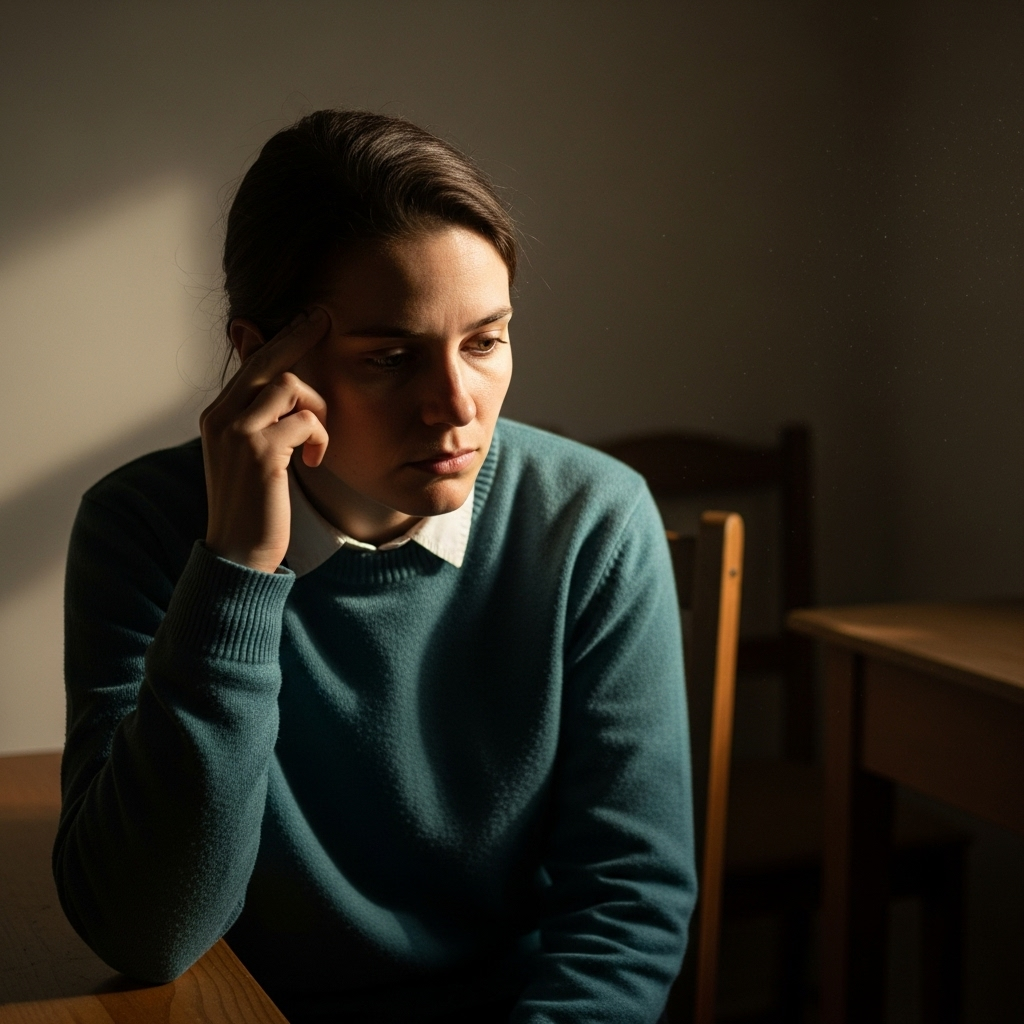 A person with a slightly worried expression, gently touching their temple, sitting in a quiet, dimly lit room. The atmosphere is calm but with a hint of concern. No text in the image.