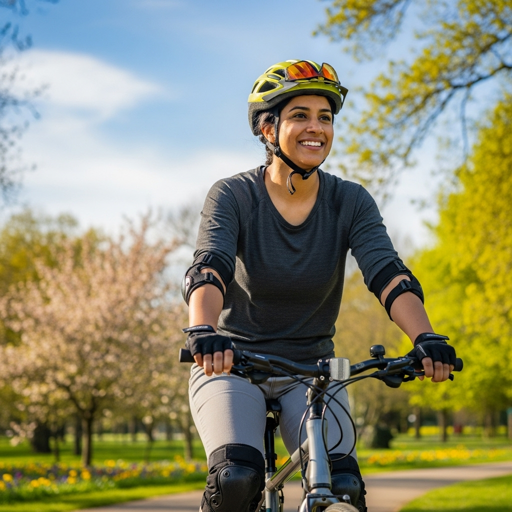 A person wearing a bicycle helmet and knee pads, smiling confidently while engaging in a safe outdoor activity, like gentle cycling in a park. The background is bright and natural. No text in the image.