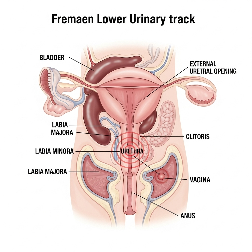 A simple, clear anatomical diagram of the female lower urinary tract and surrounding areas, with subtle, non-alarming red highlights around the urethra, indicating irritation. The illustration is clean and educational.