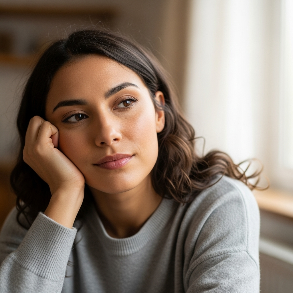 A young woman gently resting her head on her hand, looking thoughtful and slightly reflective but not in pain. The image conveys a sense of quiet introspection about health, with soft, diffused lighting.