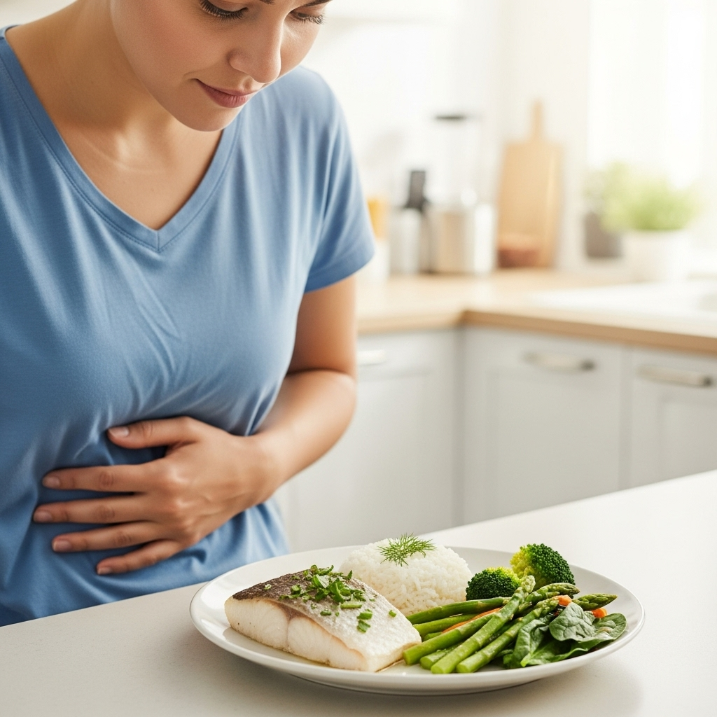 A person gently holding their stomach, looking thoughtfully at a plate of healthy, colorful food like steamed fish, plain rice, and green vegetables. The setting is a bright, calm kitchen. Minimal text, if any, and if so, in English.