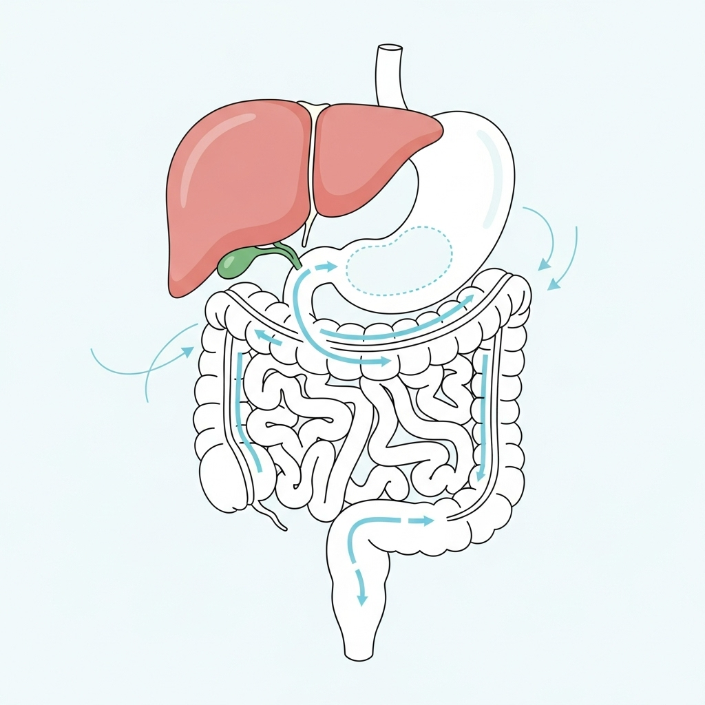 A simple, clear diagram showing the digestive system with the liver, stomach, and intestines, and a small, faded outline where the gallbladder used to be, to indicate its absence. There are gentle arrows showing the flow of digestive fluids. No text.