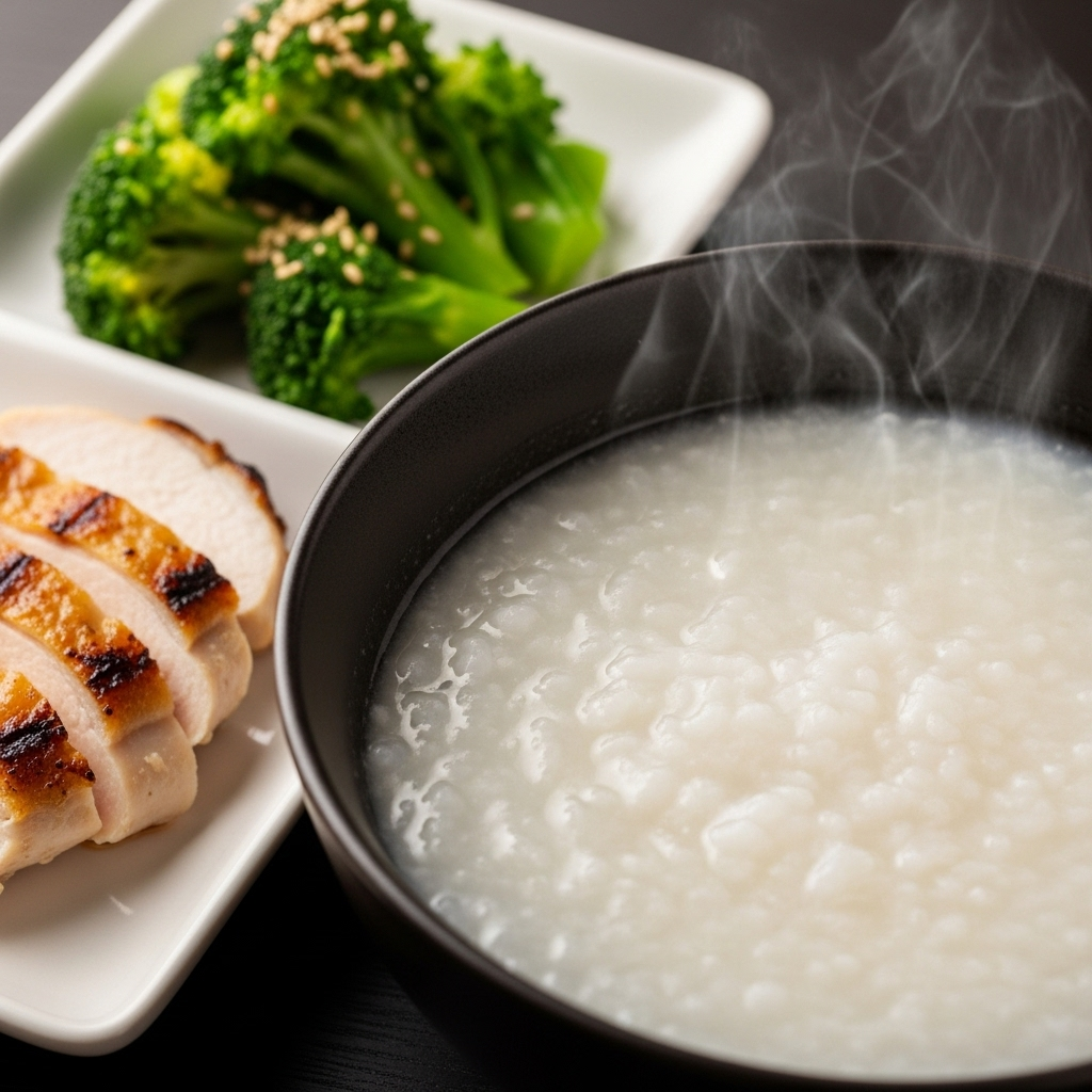 A close-up shot of a steaming bowl of plain white rice porridge (jook), a small plate with grilled chicken breast slices, and a side of lightly steamed green vegetables. The focus is on the warm, comforting appearance of the food. No text.