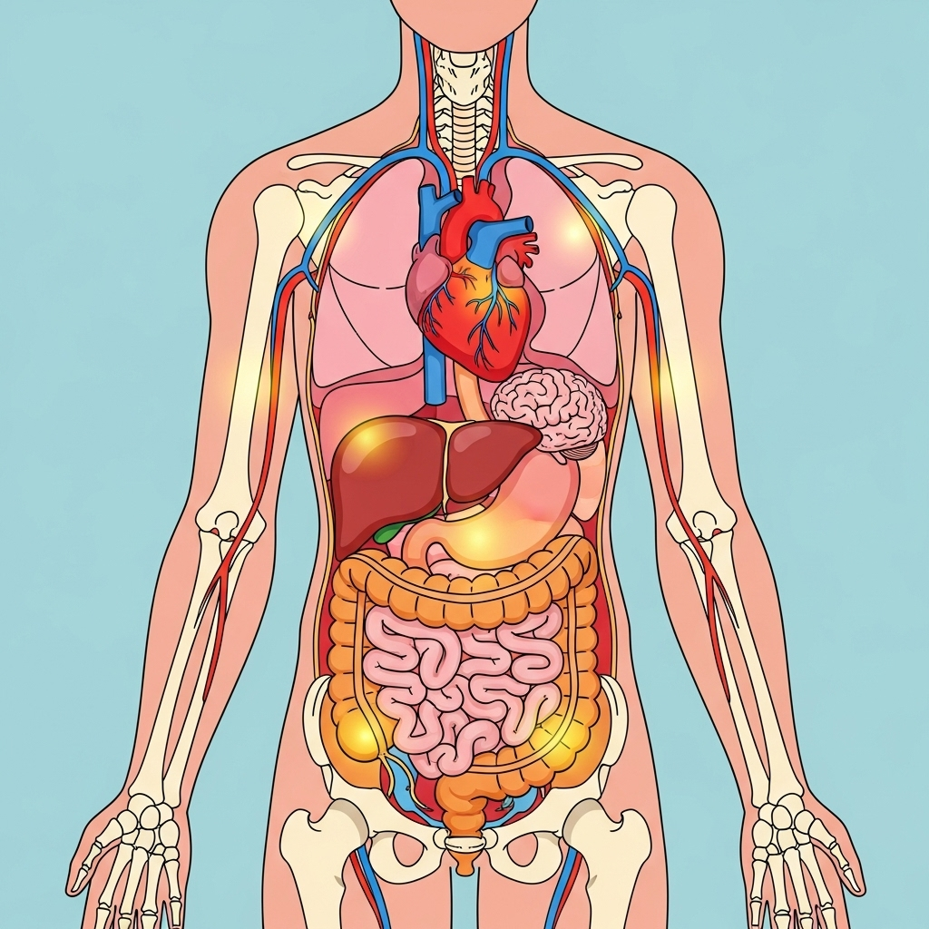A simple, clean illustration of a healthy human body's internal system, with subtle glow around the heart and other vital organs, suggesting well-being and balance. No specific body parts are highlighted in a suggestive way. Bright, positive colors.
