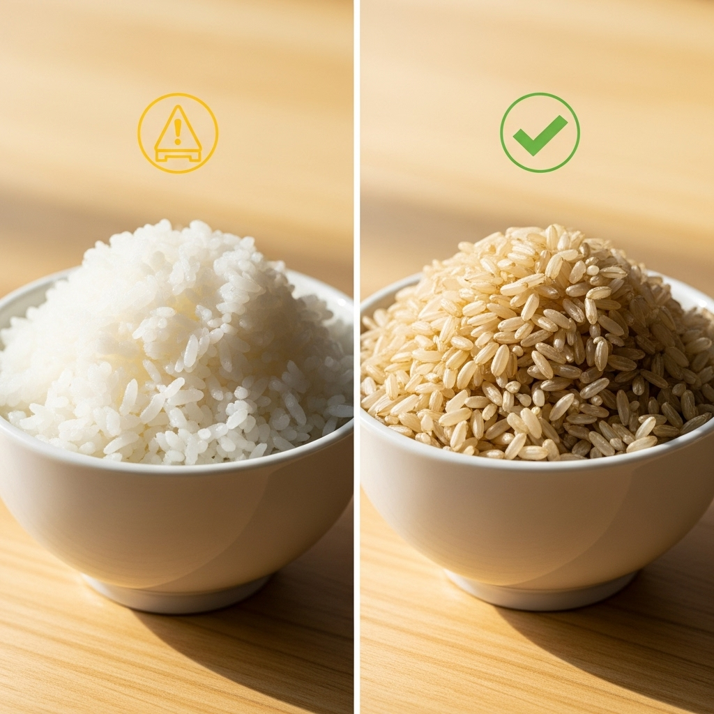 A side-by-side comparison of a small bowl of fluffy white rice and a small bowl of textured brown rice, with a subtle visual cue (e.g., a green checkmark over brown rice and a yellow caution sign over white rice) indicating a health comparison. No text on the image.