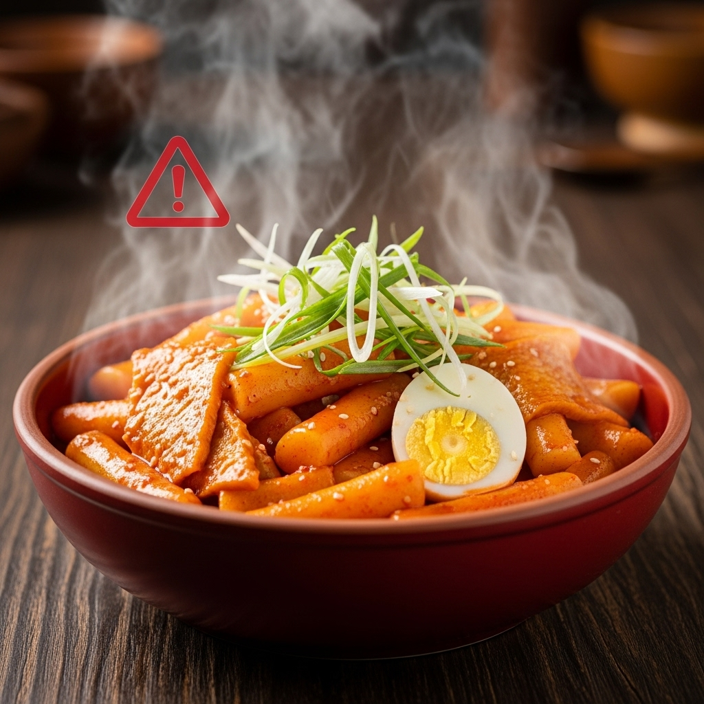 A vibrant and appetizing Korean tteokbokki dish in a red bowl, with steam rising. A subtle, almost translucent red warning triangle icon hovers near the dish, indicating caution without being overly dramatic. No text on the image.