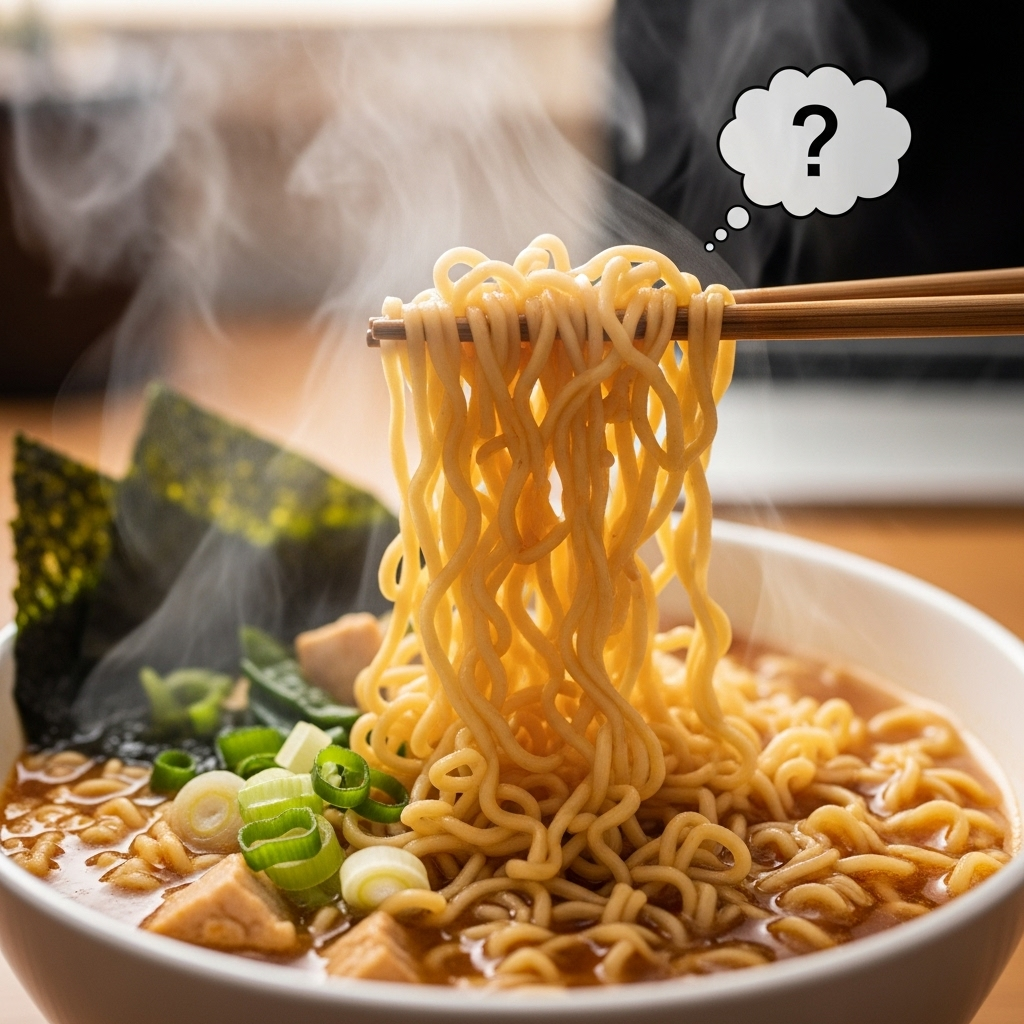 A steaming bowl of instant ramen with chopsticks lifting some noodles, looking delicious. A small thought bubble above the bowl contains a question mark, gently suggesting a moment of consideration before eating. No text on the image.