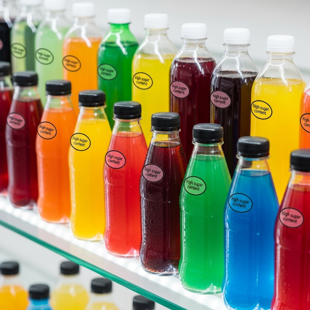 Various colorful sweet soft drinks and bottled fruit juices lined up on a shelf, with some bottles having a small, almost hidden label indicating "high sugar content" in English text. The focus is on the drinks themselves, looking appealing but with a subtle warning.