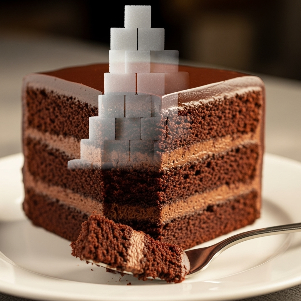 A delicious slice of chocolate cake with a fork, looking indulgent and tempting. A faint, almost transparent ghost-like image of a sugar cube pile is superimposed behind the cake, subtly suggesting its high sugar content. No text on the image.