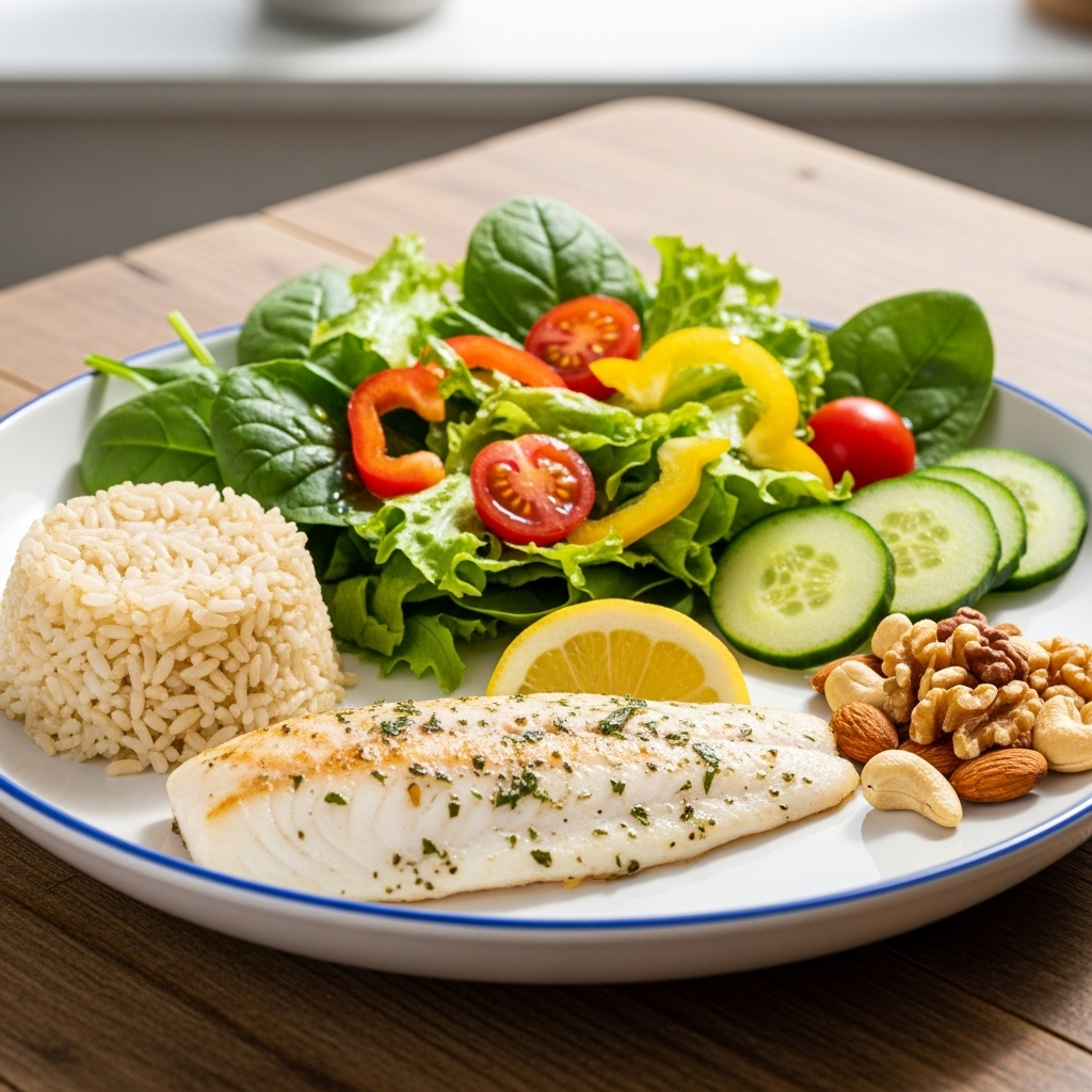 A neatly arranged, colorful and healthy meal plate with a variety of foods: a portion of grilled chicken or fish, a generous serving of leafy green salad, a small portion of brown rice, and some nuts on the side. Bright, natural lighting.