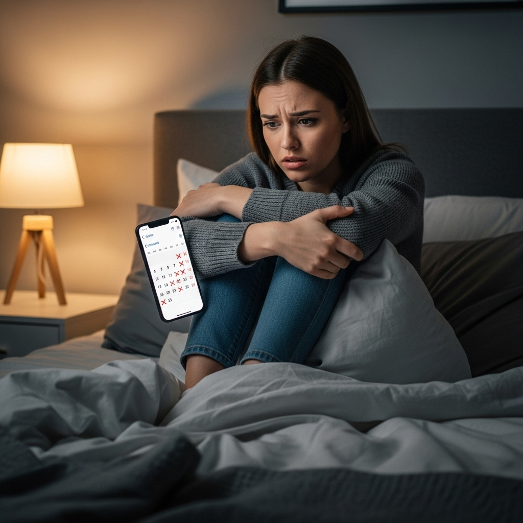 A worried young woman sitting on a bed, looking thoughtfully at her smartphone, with a calendar app open showing a delayed period. The room is softly lit and comfortable.