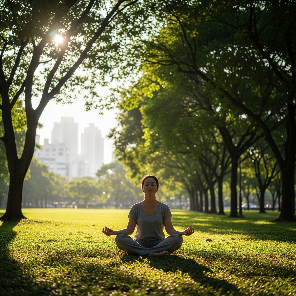 A person meditating calmly in a serene, green park, sunlight filtering through trees. They are in a peaceful pose, with a distant city skyline in the background, representing a contrast between stress and calm.