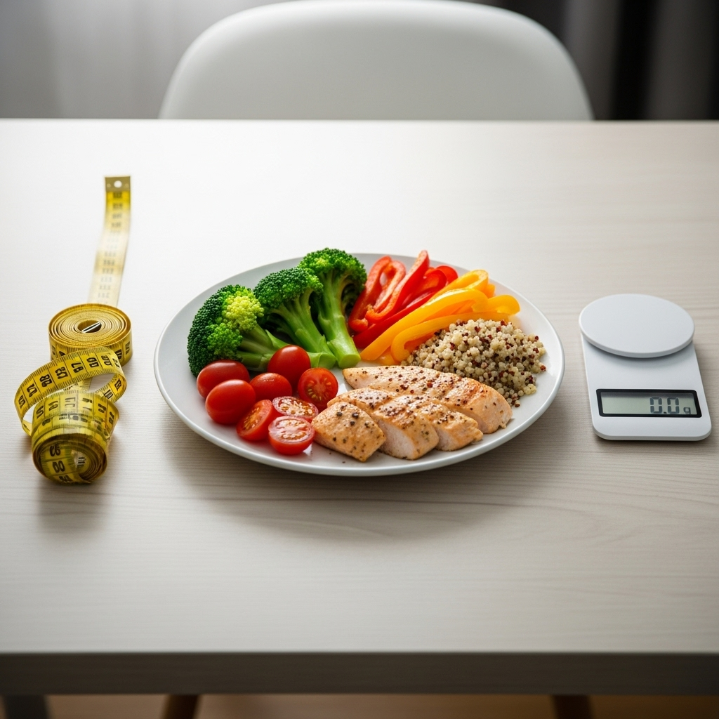 A plate with a balanced, healthy meal (colorful vegetables, lean protein, whole grains) next to a measuring tape and a small scale, symbolizing healthy weight management and nutrition.