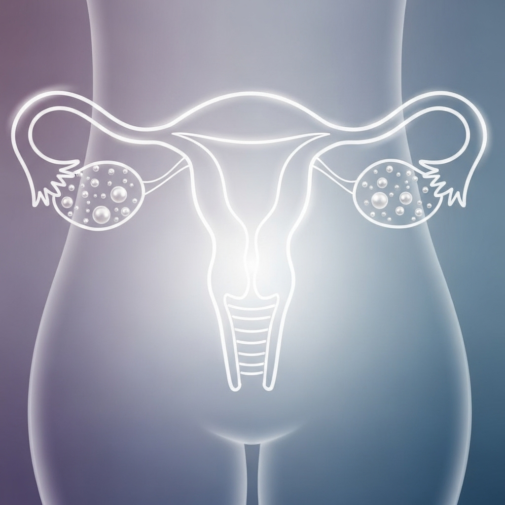 A subtle, abstract representation of a woman's reproductive system, with faint outlines of ovaries and small, pearl-like structures, symbolizing polycystic ovaries in a non-explicit manner.