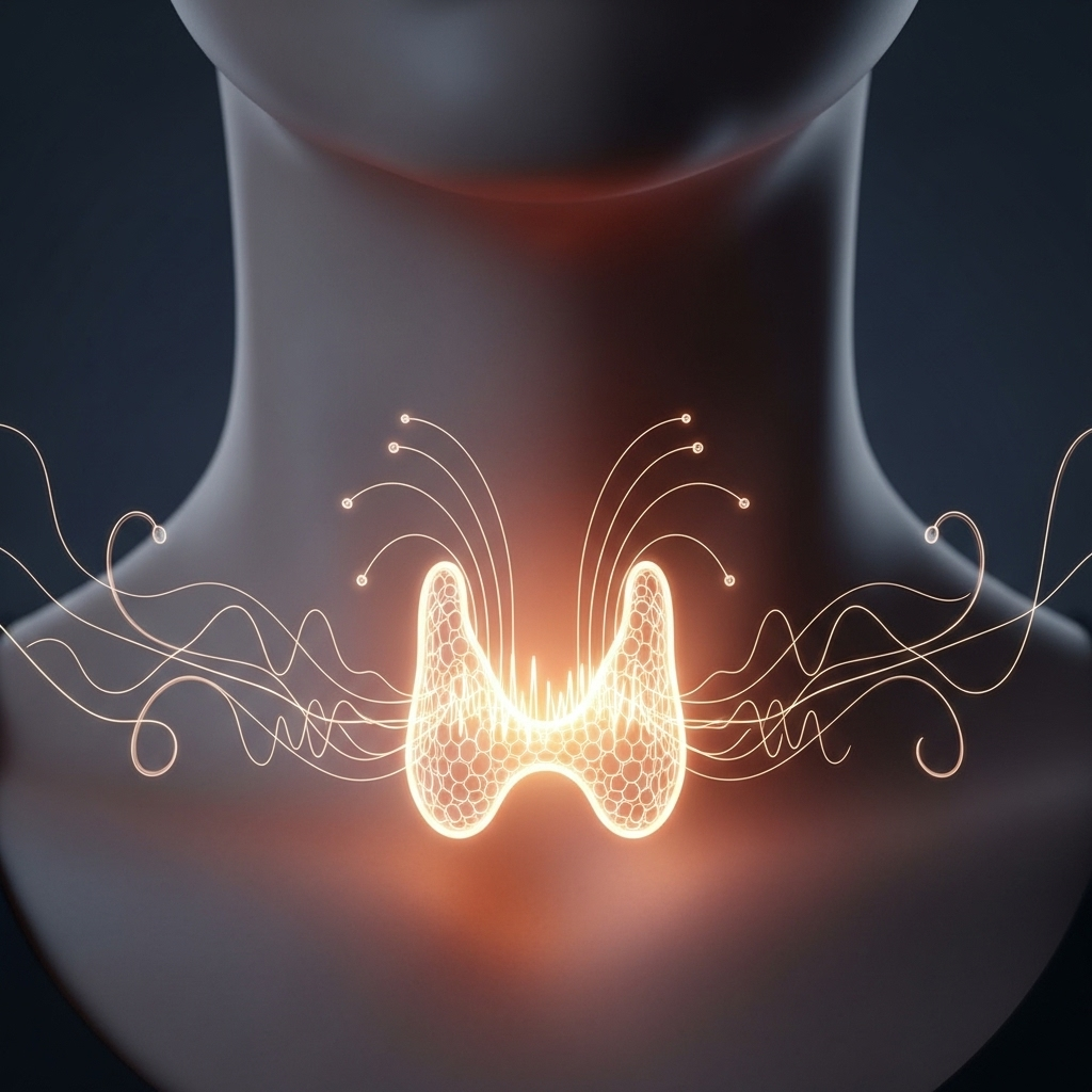A stylized, glowing butterfly-shaped gland (representing the thyroid) in a person's neck area, surrounded by subtle wavy lines symbolizing hormones and their fluctuations.