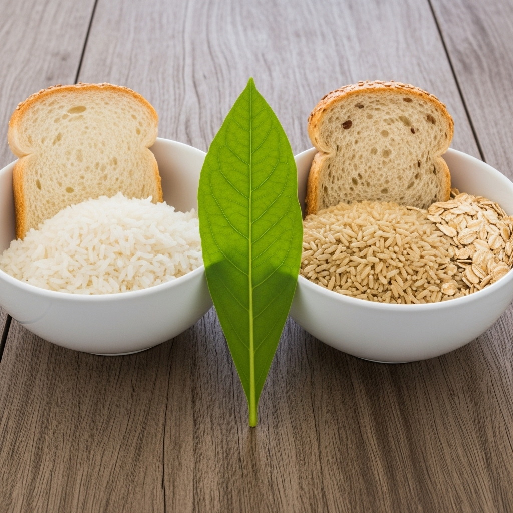 A side-by-side comparison on a wooden table, showing a bowl of white rice and white bread on one side, and a bowl of brown rice, whole-grain bread, and oats on the other side, with a healthy, vibrant green leaf or sprout in the middle, representing a choice.