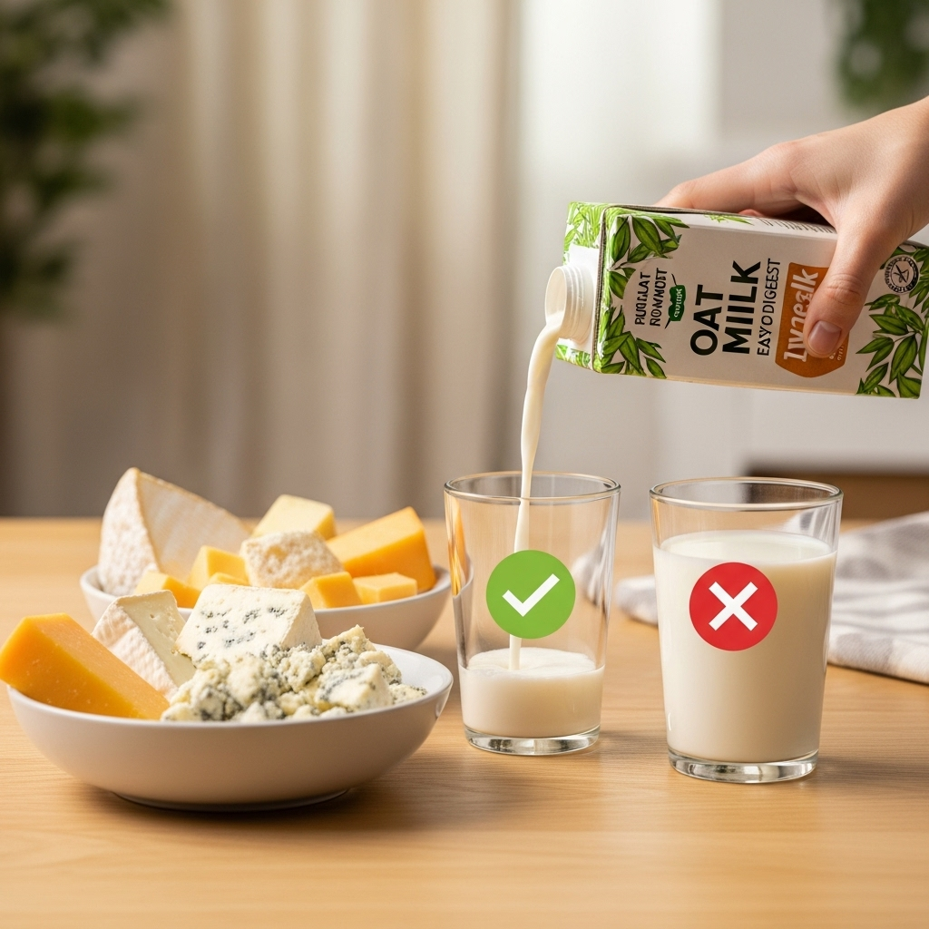 A hand pouring plant-based milk (like almond or oat milk) into a glass, next to a bowl of cheese and a glass of cow's milk, with a visual distinction indicating a healthier choice for digestion.