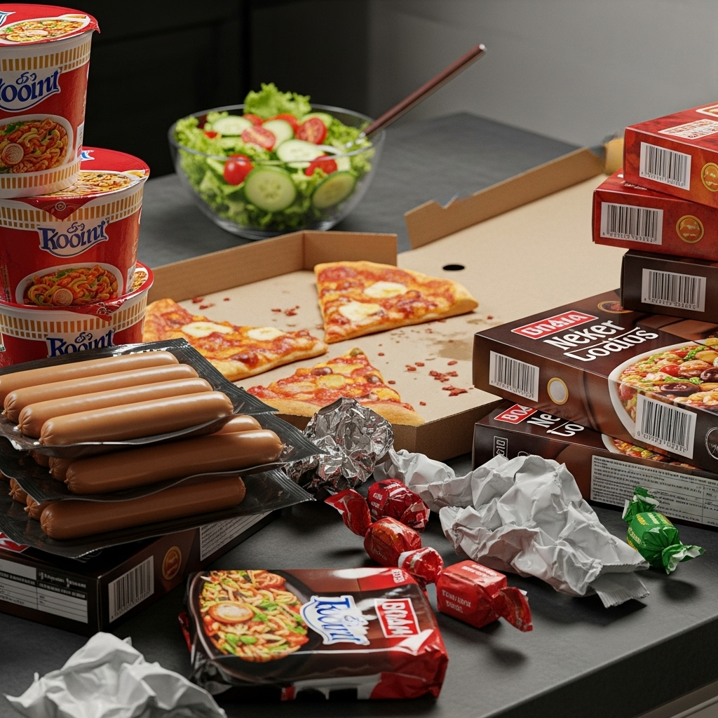 A cluttered kitchen counter with various processed foods like instant noodles, packaged sausages, and frozen meals, contrasting with a small, fresh salad in the background, highlighting the less healthy options.