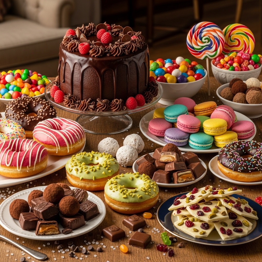 A delicious-looking but unhealthy assortment of sugary snacks like chocolates, cakes, and donuts laid out on a table, with a clear visual emphasis on their sweetness and tempting appearance.