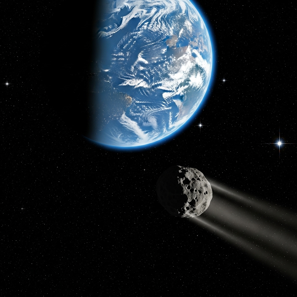 A dramatic and beautiful image of a small, dark asteroid streaking through space towards a vibrant blue Earth, with stars in the background. The asteroid should look like a rocky, irregular object, not a perfect sphere. Focus on the scale difference between the asteroid and Earth, with Earth appearing large and distant.