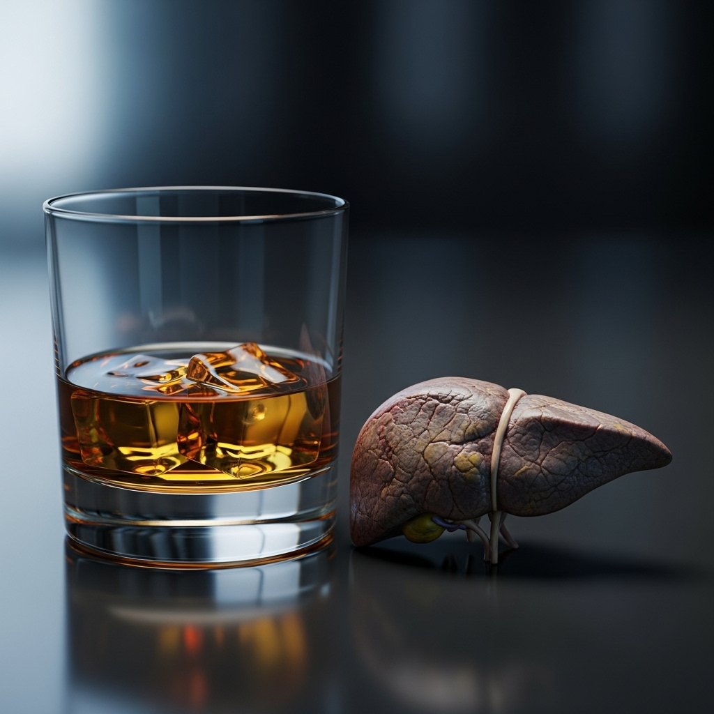A half-empty glass of an alcoholic beverage next to a small, shrunken liver, depicting the destructive effects of alcohol. The background is dim, suggesting a serious health issue. No text on image.