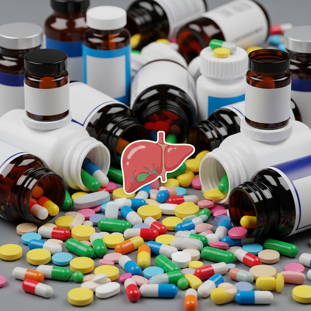 Various colorful supplement pills and bottles arranged in a way that suggests an overwhelming quantity, with a small, struggling liver icon in the middle, indicating potential harm. No text on image.