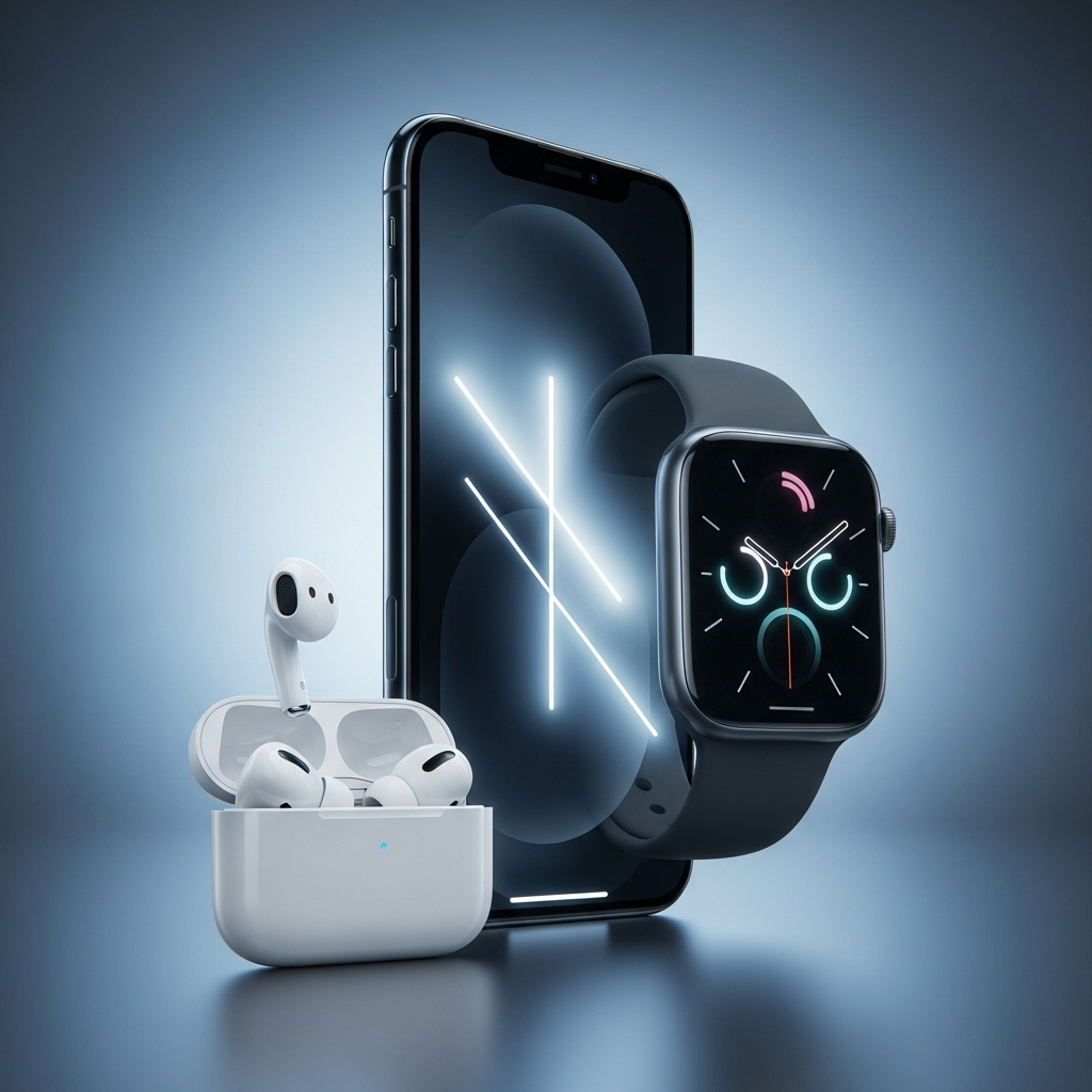 A sleek, modern digital illustration of the latest Apple products (iPhone 17, Apple Watch Series 11, AirPods Pro 3) with a futuristic, clean aesthetic. The devices are subtly glowing, hinting at new technology, against a soft, gradient background. No text in the image.