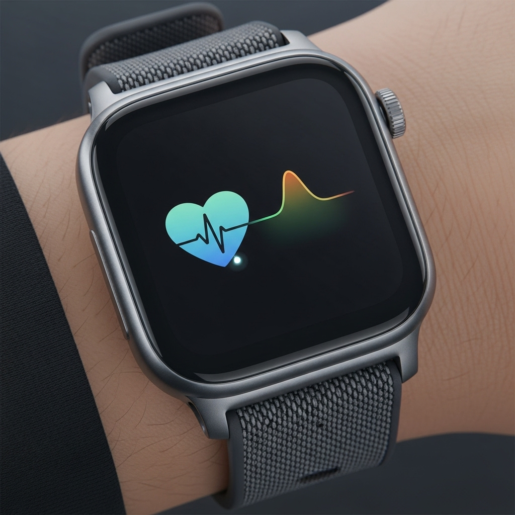 A person's wrist wearing a futuristic smartwatch that displays health metrics, including a heart icon and a subtle graph, indicating advanced health monitoring. The watch band is stylish and comfortable. No text in the image.