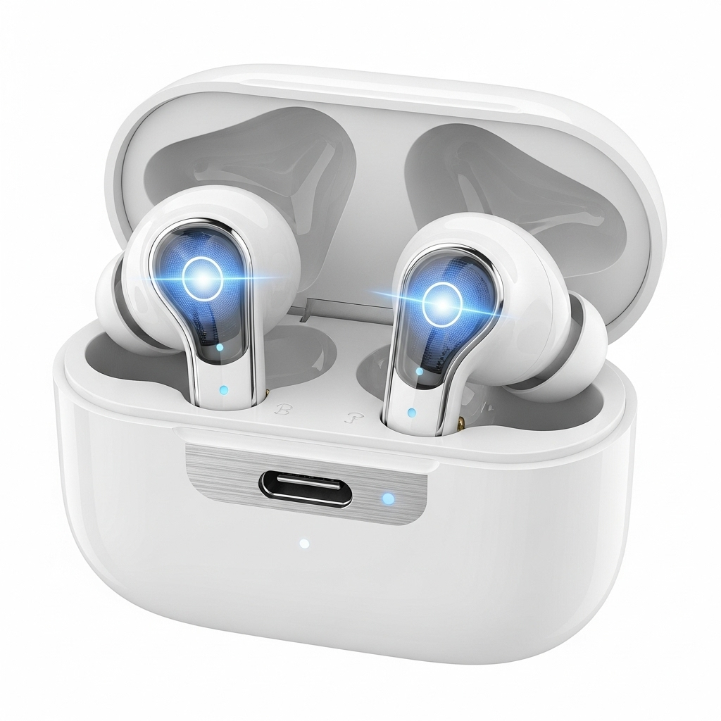 A pair of sleek, white wireless earbuds with a subtle, futuristic design, resting in their charging case. A soft glow emanates from the earbuds, hinting at advanced audio technology. No text in the image.