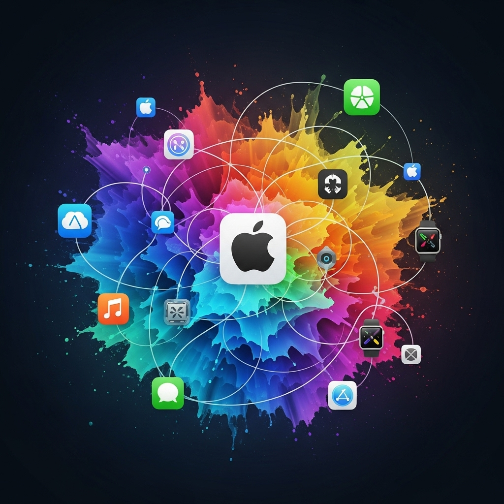 A vibrant, abstract digital representation of a connected ecosystem, with various interconnected icons representing Apple devices and software (like macOS and iOS logos, subtly integrated). Lines flow between them, symbolizing seamless data transfer and communication. No text in the image.