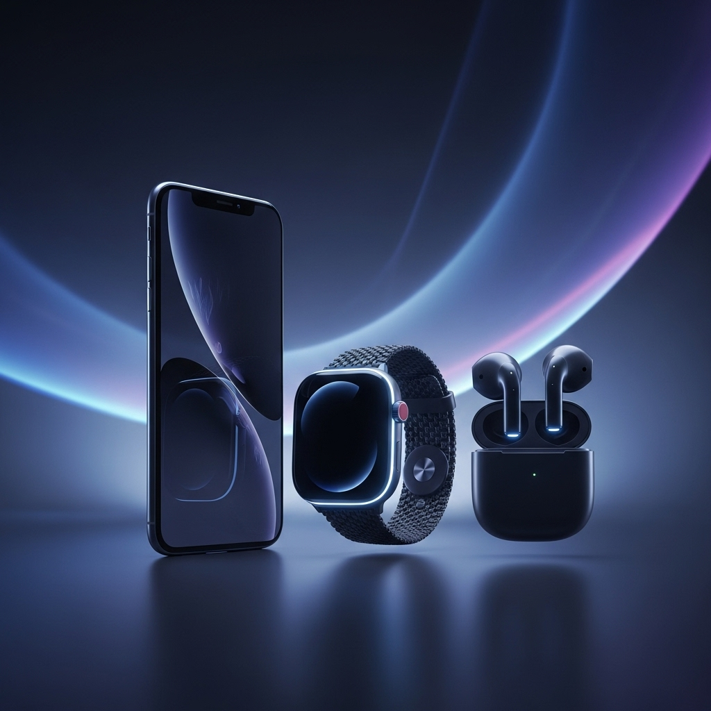 A futuristic, sleek, and minimalist Apple product lineup including a smartphone, smartwatch, and wireless earbuds, subtly glowing, against a soft, blurred background with abstract light elements, symbolizing innovation and anticipation. No text.
