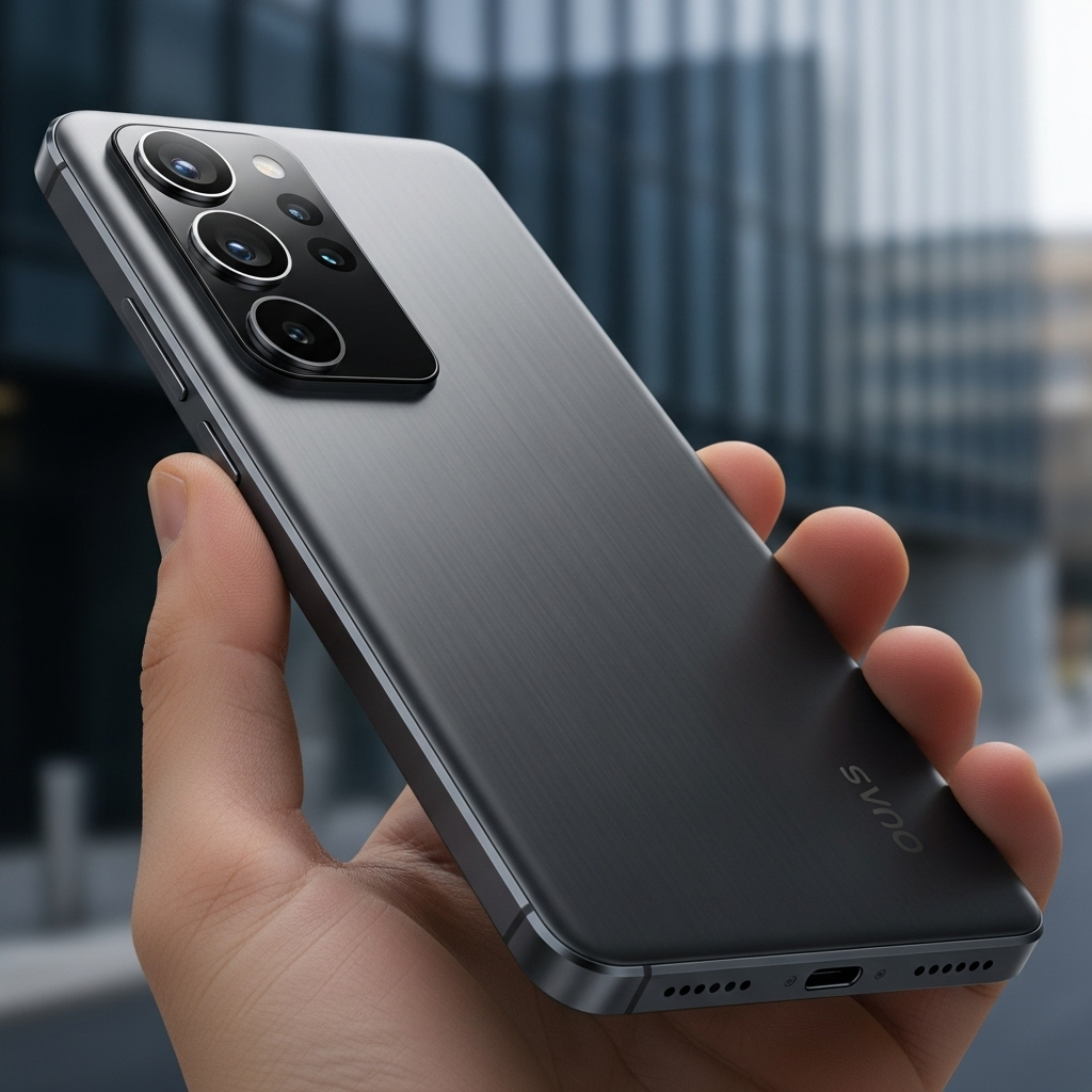 A detailed close-up of a concept smartphone, specifically showing a sleek, unibody aluminum frame and an advanced camera module with a prominent zoom lens. The phone is held in a hand, showcasing its thin profile against a modern, blurred urban background. No text.