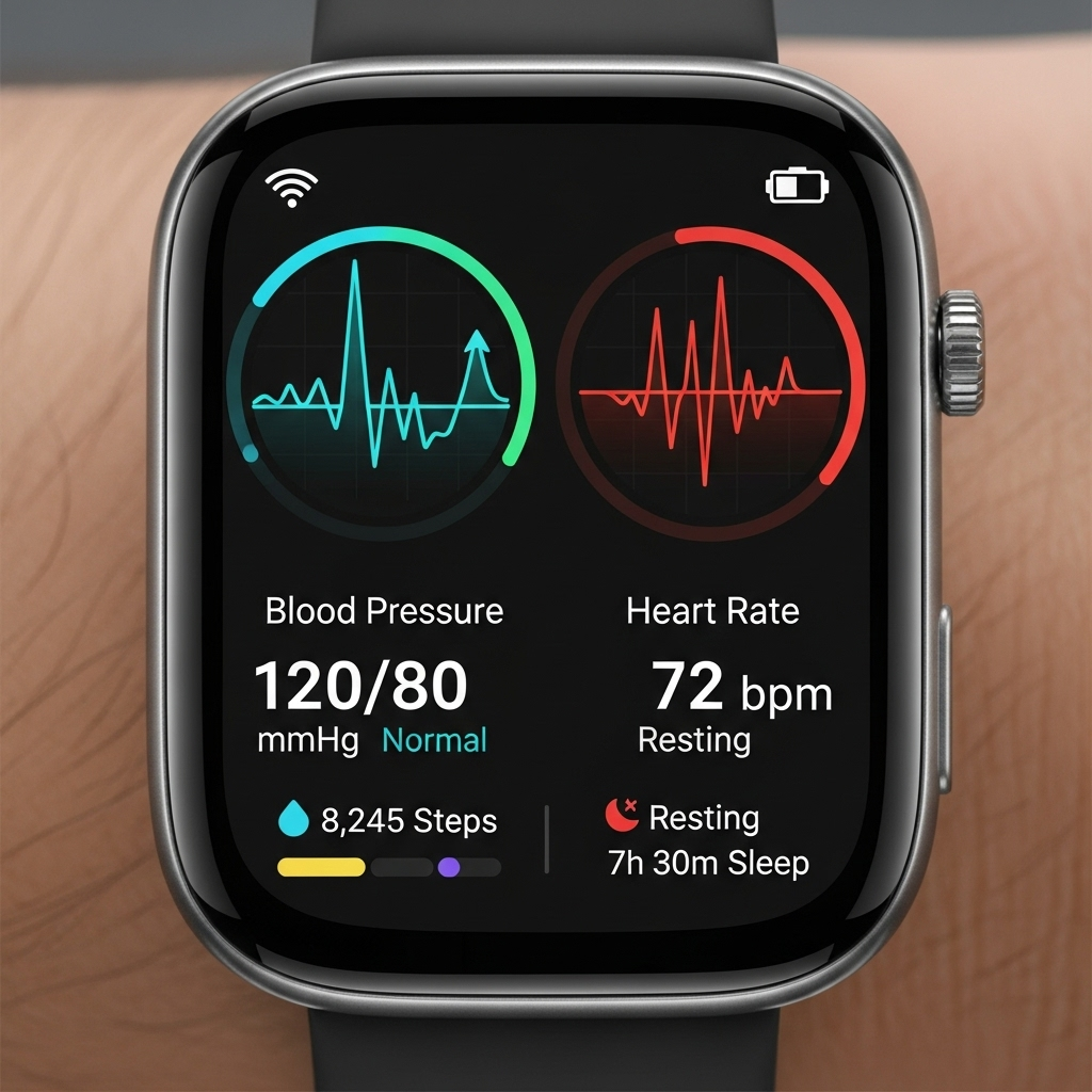 A close-up of a modern smartwatch screen displaying a health monitoring interface with charts and numbers, possibly indicating blood pressure or heart rate, on a wrist with a new, stylish watch band. The background is blurred, suggesting a focus on health and technology. No text.